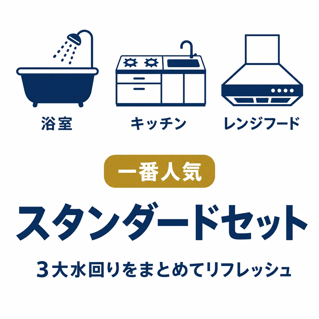 一番人気 スタンダードセット|浴室・キッチン・レンジフードの3大水回りクリーニングセット